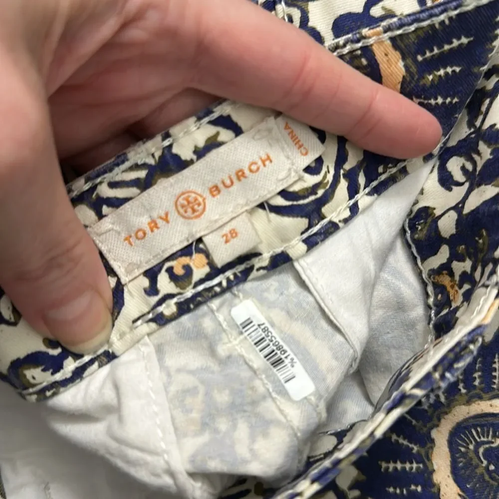 Tory Burch cropped skinny jean Izzy print navy blue 28 side zip